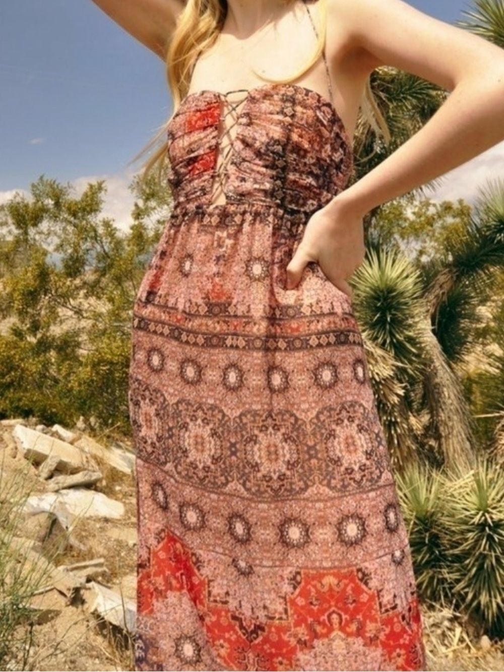 TJD The Jetset Diaries Brown Gold Don't Stop Me Now halter chiffon maxi dress